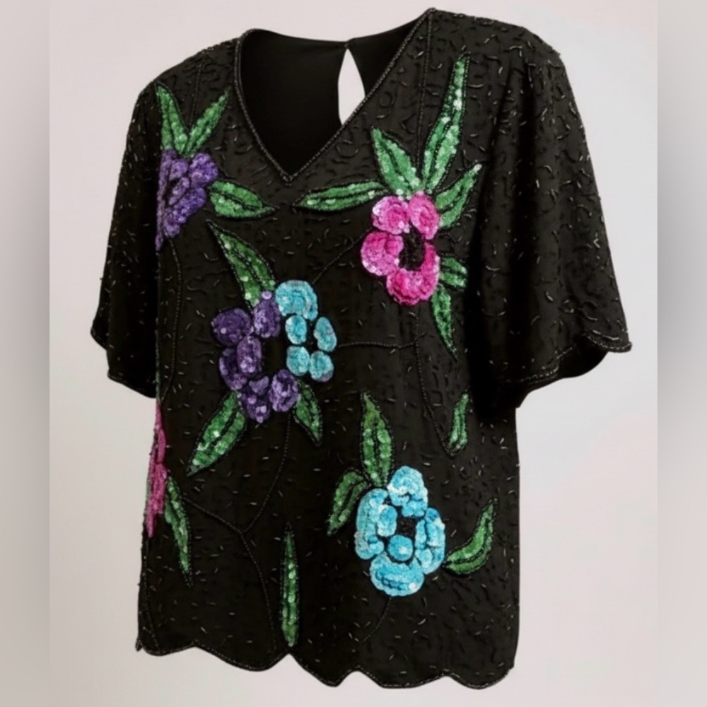 Stenay Vintage 100% Silk Black Floral Sequins Top